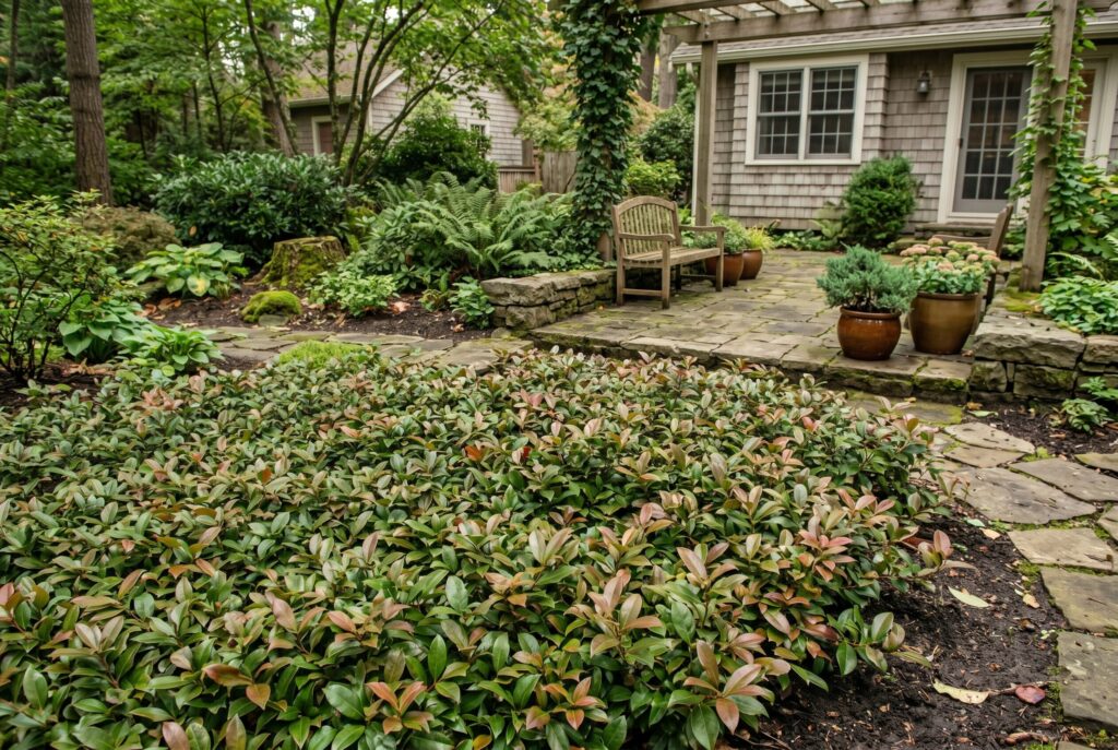Oregon stonecrop covering rocky terrain with a dense layer of low-growing succulent foliage and small yellow flowers.