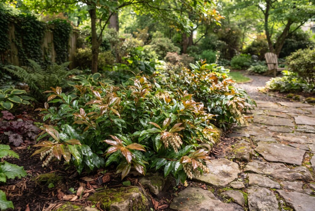 Fetterbush growing as a low-lying shrub with glossy green and bronze-toned leaves in a shaded garden border next to a stone patio.