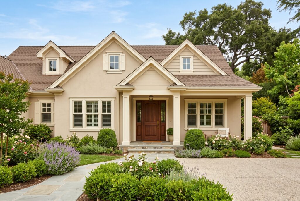 Soft beige exterior house with ivory trim, dark wood entry door, and brown roof.