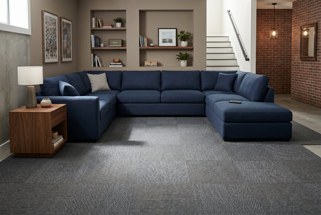 Waterproof carpet tiles beneath sectional sofa in cozy basement home theater lounge.