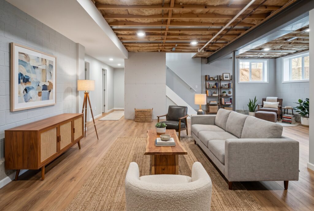 Carpet and hard surface flooring combination in finished basement lounge and recreation area.
