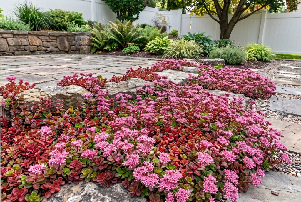 Sedum 'Dragon's Blood' displaying rich reddish-burgundy foliage and clusters of pinkish-red flowers along a stone garden path.