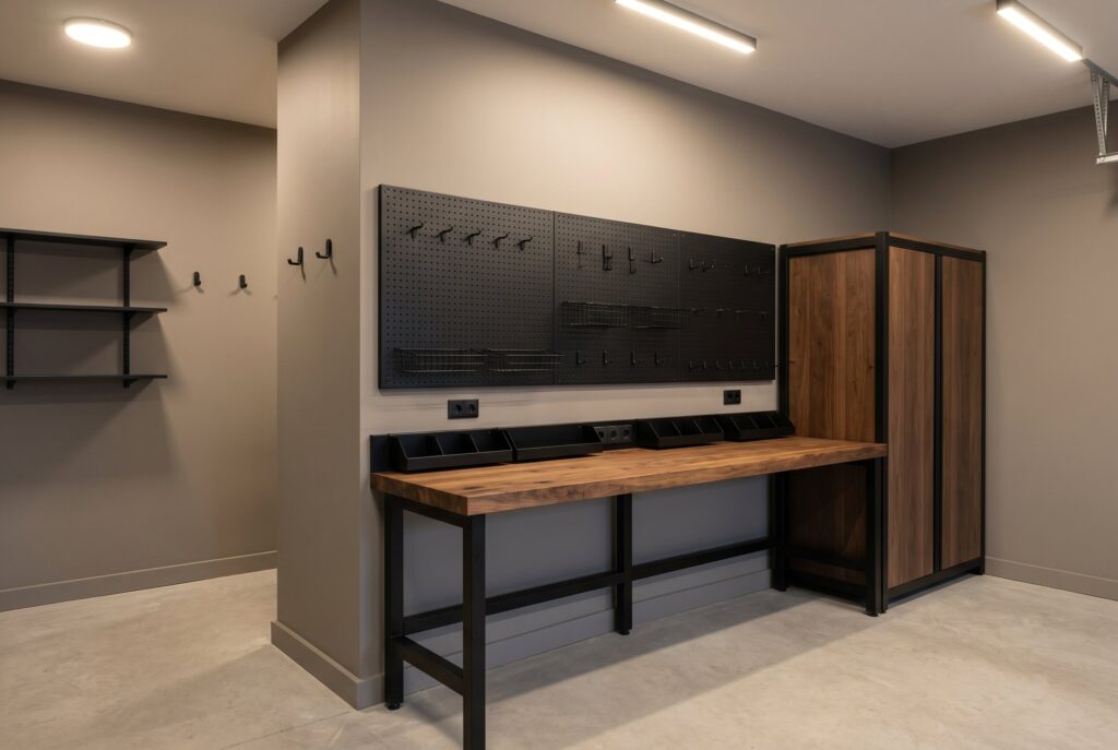 A garage workshop space painted in Farrow and Ball Drop Cloth, a taupe shade, paired with a wood workbench, black pegboard, and dark storage cabinets.