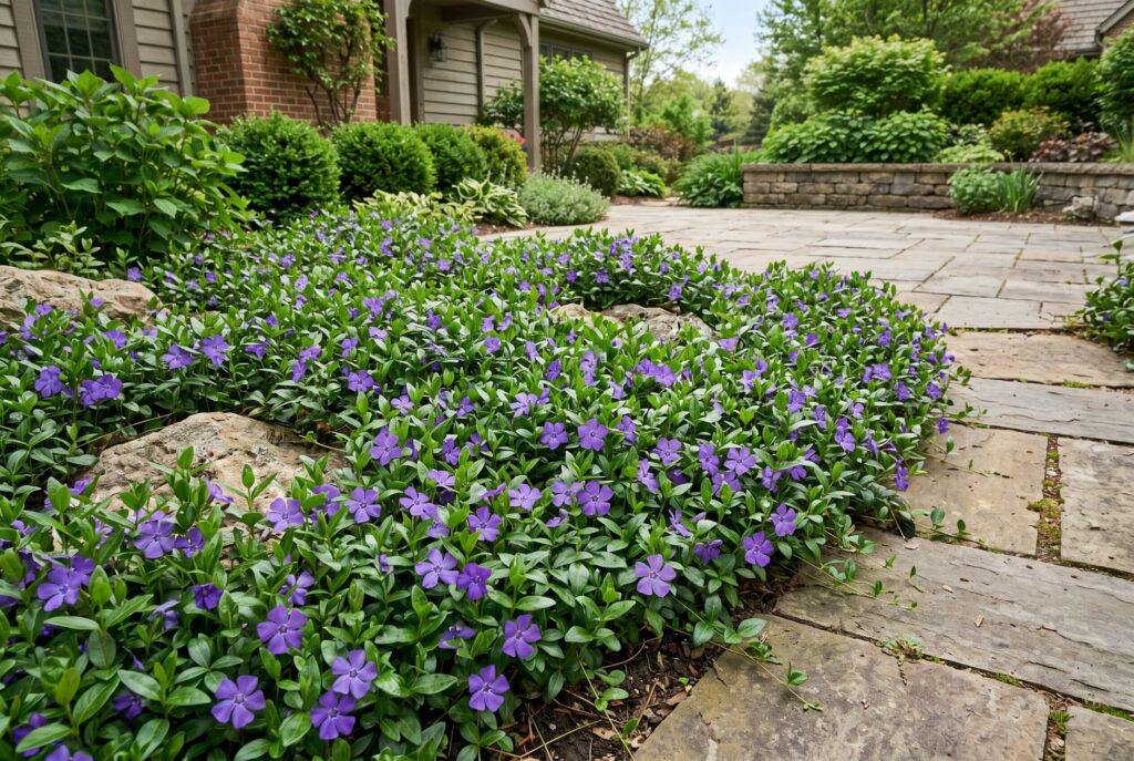 Vinca minor forming a dense carpet of glossy evergreen foliage and charming purple-blue flowers around garden stones.