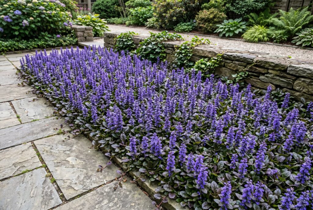 Bugleweed, or ajuga, forming a dense ground cover with attractive purple flower spikes and dark foliage contained by a stone border.