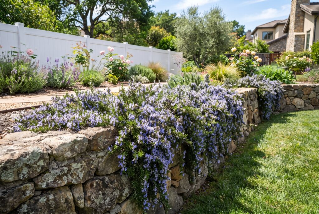 Trailing rosemary cascading over a rustic stone retaining wall, covered in small purple-blue flowers in a sunny landscape.