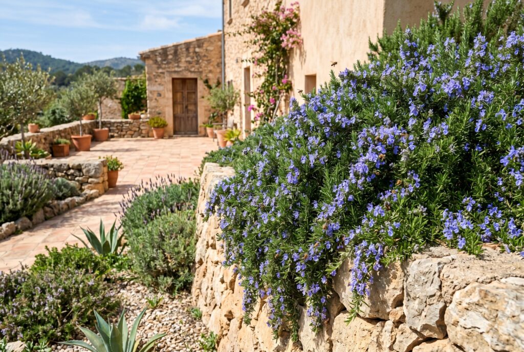 Trailing rosemary cascading over a rustic stone retaining wall, covered in small purple-blue flowers in a sunny landscape.