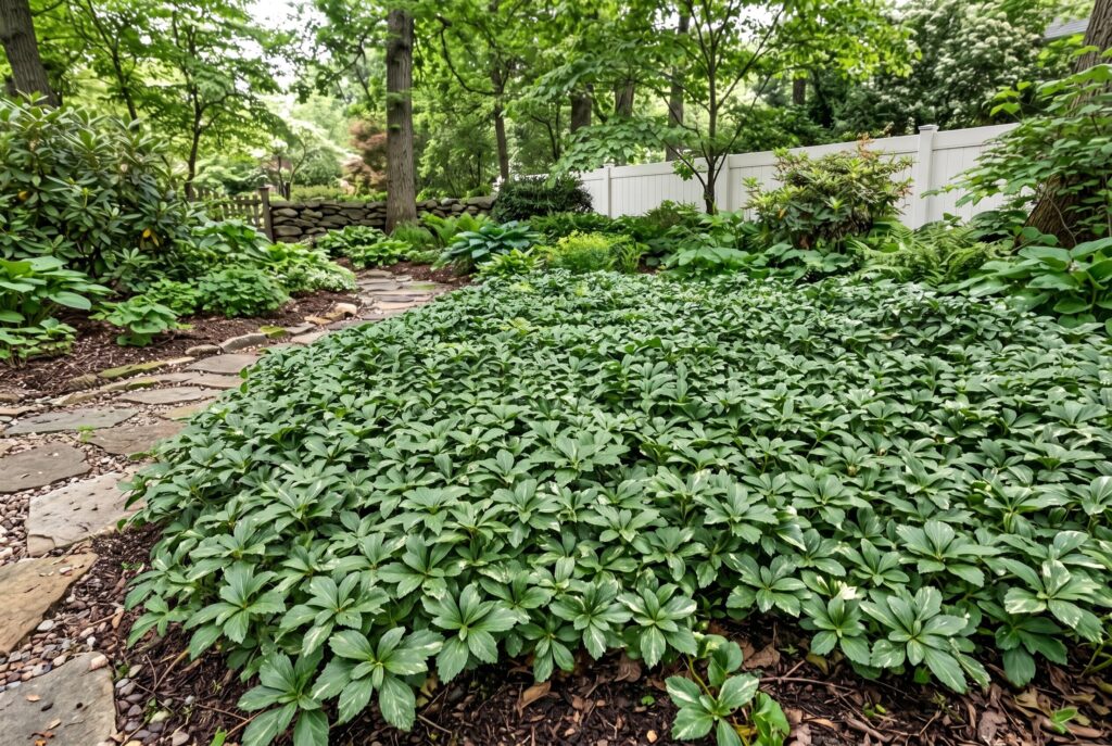 Allegheny spurge forming a dense, lush green woodland carpet of attractive foliage alongside a natural stone garden path.