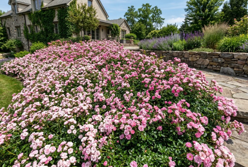 Ground cover roses spreading outward to form a dense pink flowering carpet.