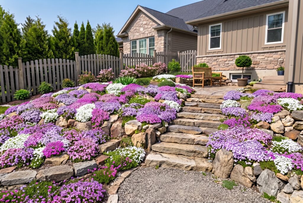 Creeping phlox ground cover creating a spring blanket of pink, white, and lavender flowers on a rocky slope.