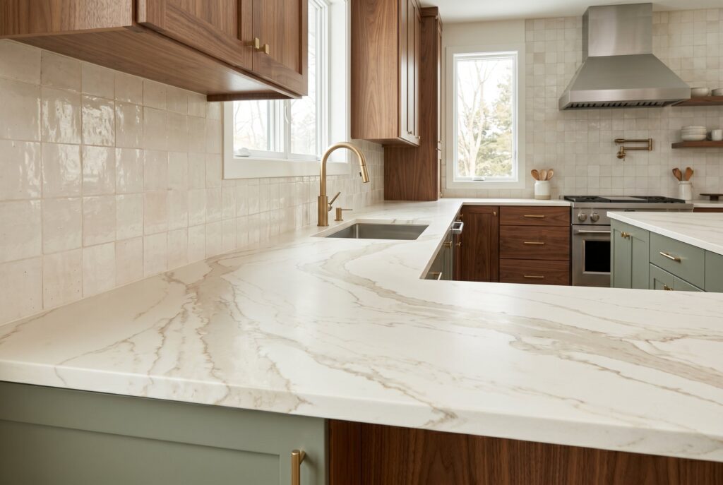 Marble look quartz countertop paired with sage green cabinetry and warm wood details.