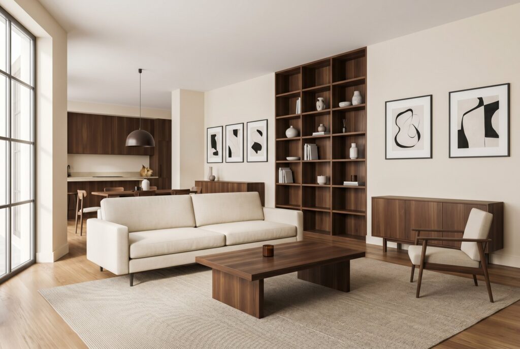 Warm cream living room with walnut shelving, cream sofa, and open plan kitchen connection. 