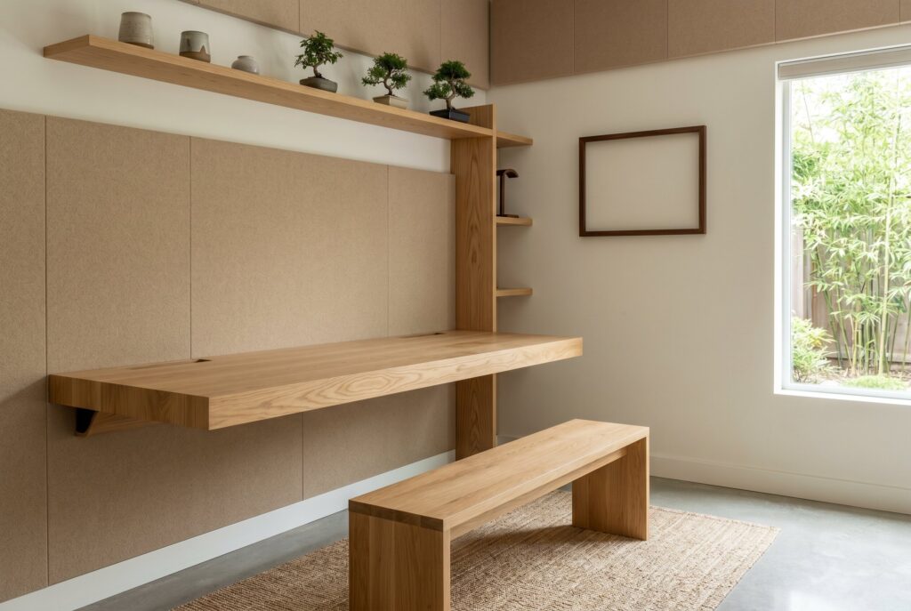 A minimalist Japandi-style gaming nook with a floating oak desk, acoustic wall panels, a low wooden bench, and an upper shelf with small bonsai trees.