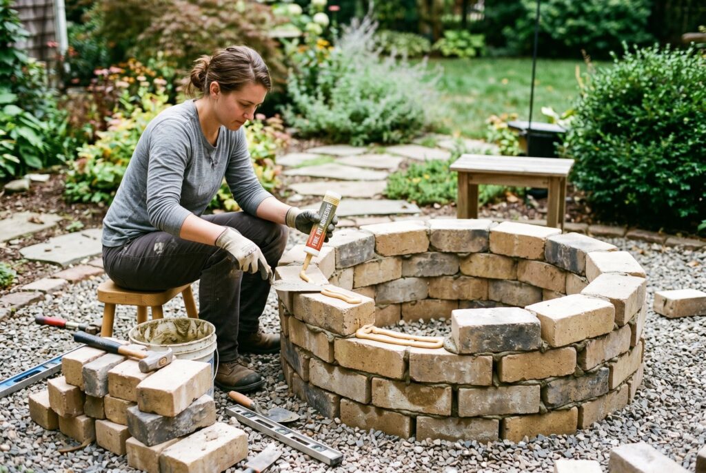 Applying landscape adhesive while stacking fire pit blocks with staggered brick pattern.