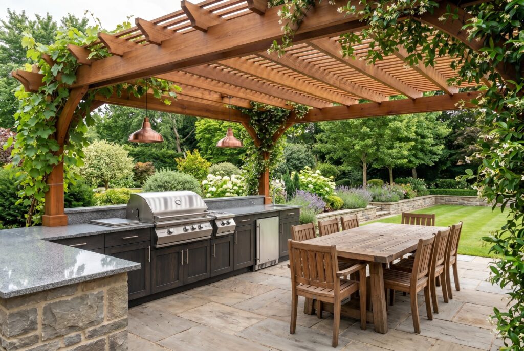 Covered pergola outdoor kitchen with dining table, grill station, and climbing greenery.