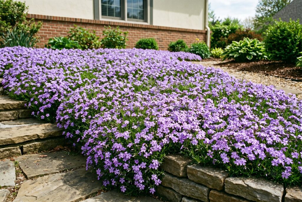 Creeping phlox acting as a spring showstopper by spreading low across stone steps and walls to create a dense sheet of purple flowers.