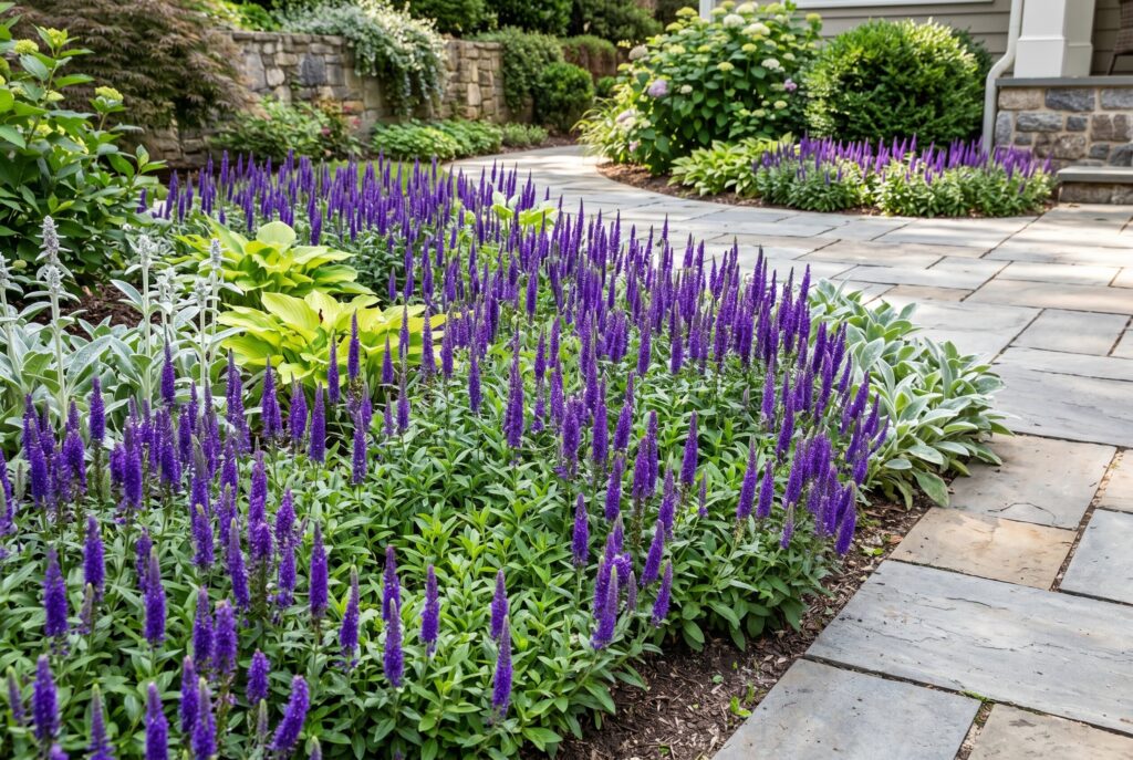 Royal Candles Veronica displaying upright purple flower spikes to add height and texture as a low-growing accent along a sunny paved walkway.