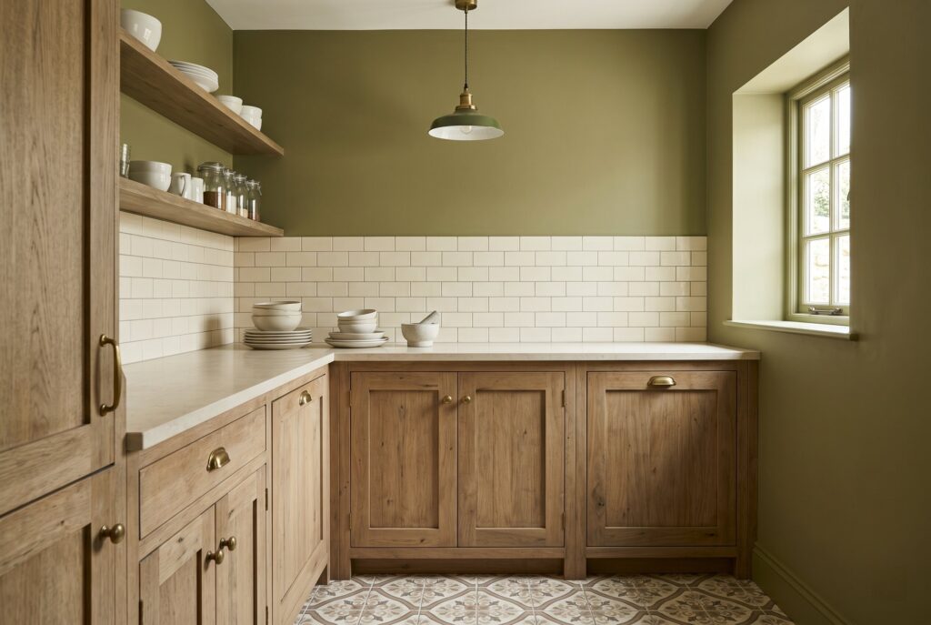 Little Greene Green Stone kitchen with olive green walls, natural wood cabinets, white tile backsplash, and earthy styling.
