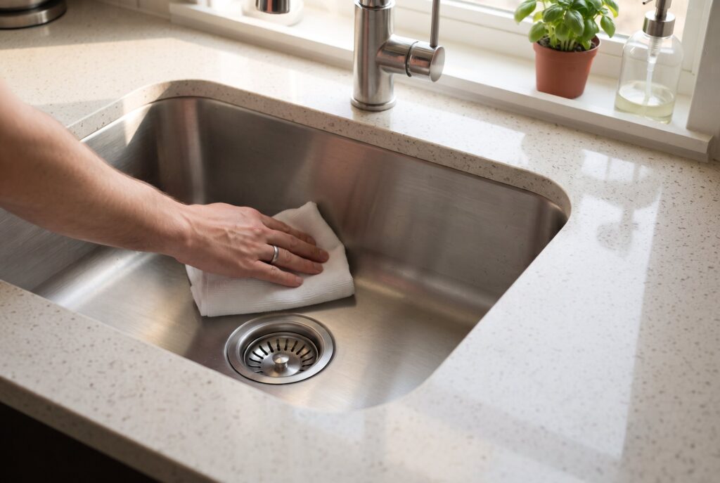 Hand cleaning a stainless steel kitchen sink with a white cloth.