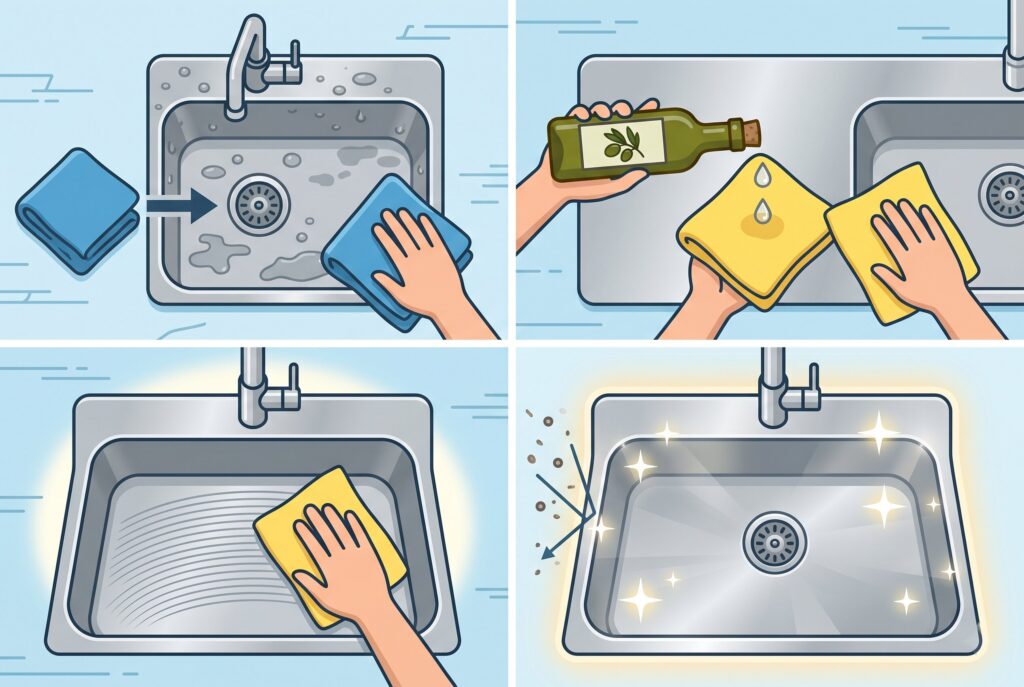 Four-step illustration showing drying the sink, applying oil to a cloth, buffing the surface, and the shiny result.