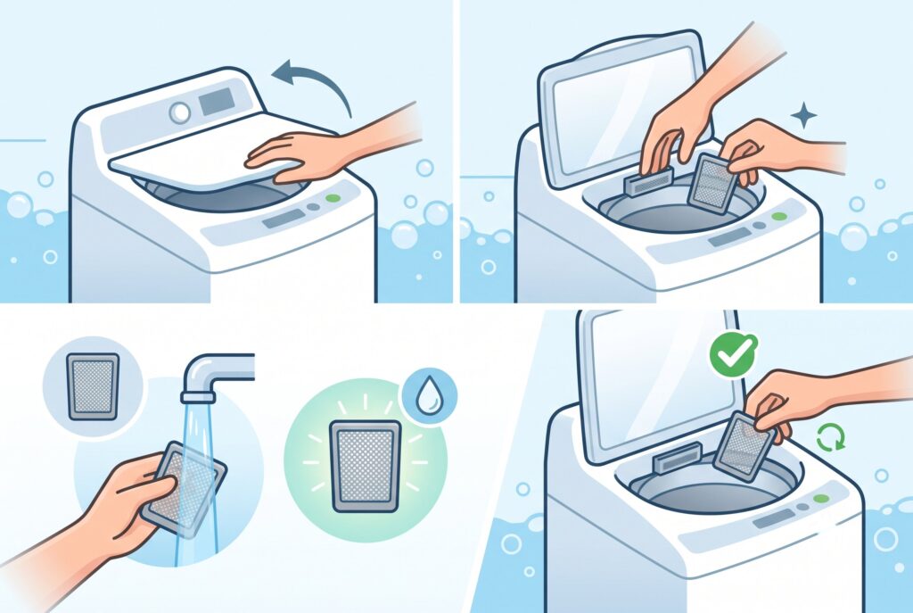 Four illustrated steps demonstrating how to open a top-load washer, remove the lint filter, rinse it clean, and reinstall it.