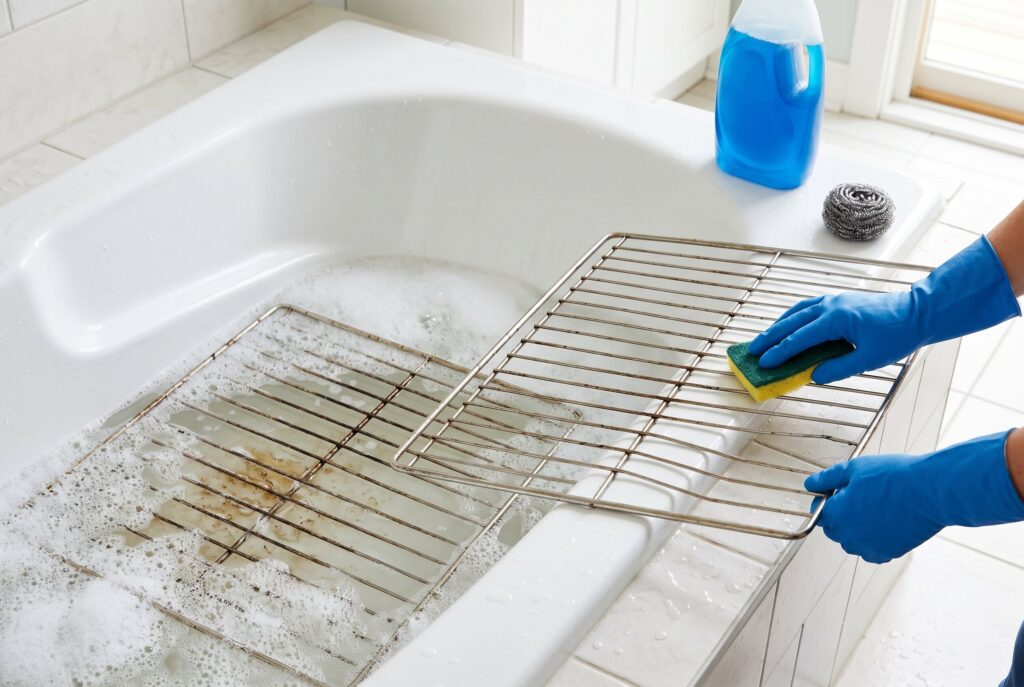Dirty oven racks soaking in soapy water as gloved hands scrub one with a sponge.