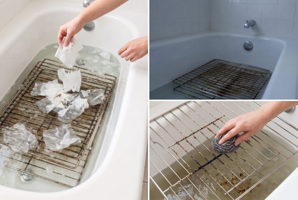 Three steps showing dryer sheets placed on a rack in a tub, soaking, and wiping away grease easily.