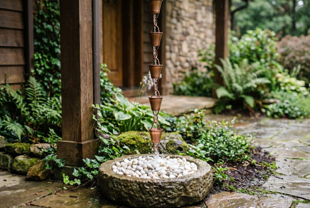 Rain chain splash pad with white stones and decorative water drainage feature. 