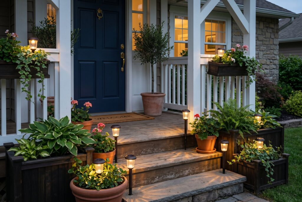 Solar powered planter lights illuminating front steps and porch entry at dusk.