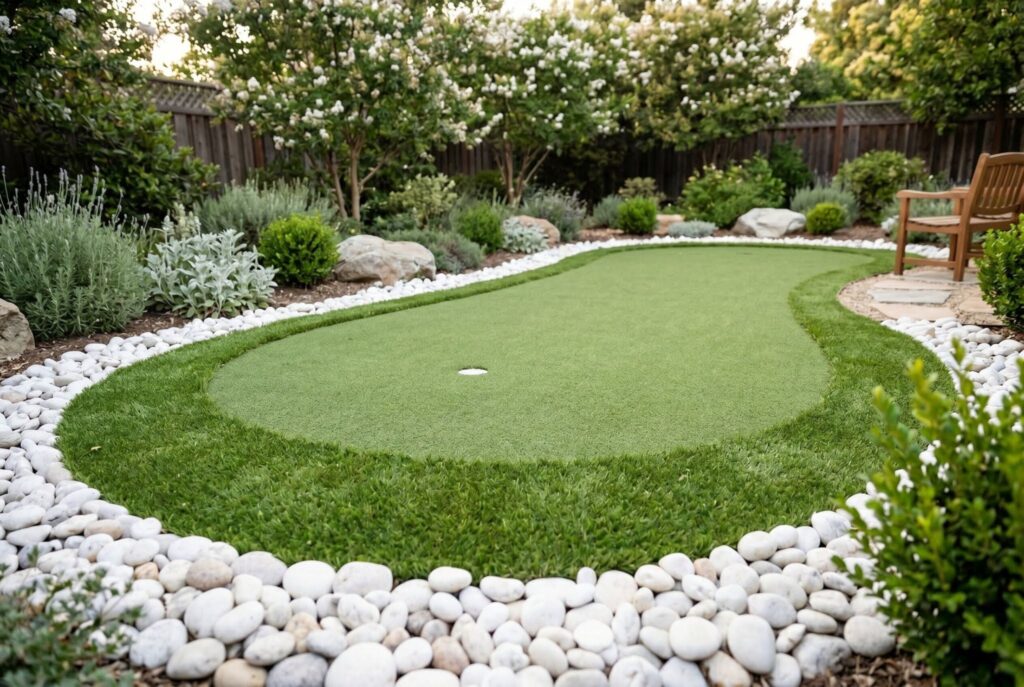 Artificial turf lawn bordered by white landscaping rock and low maintenance planting beds. 