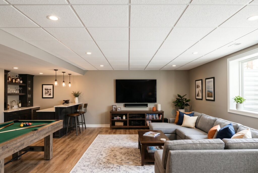 Acoustic fiberglass ceiling panels in basement recreation room with media area and pool table.