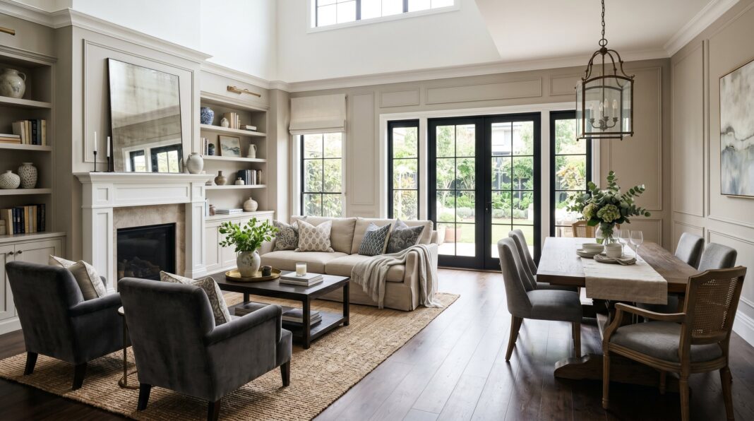 Transitional living room with neutral palette, classic molding, and contemporary furnishings.