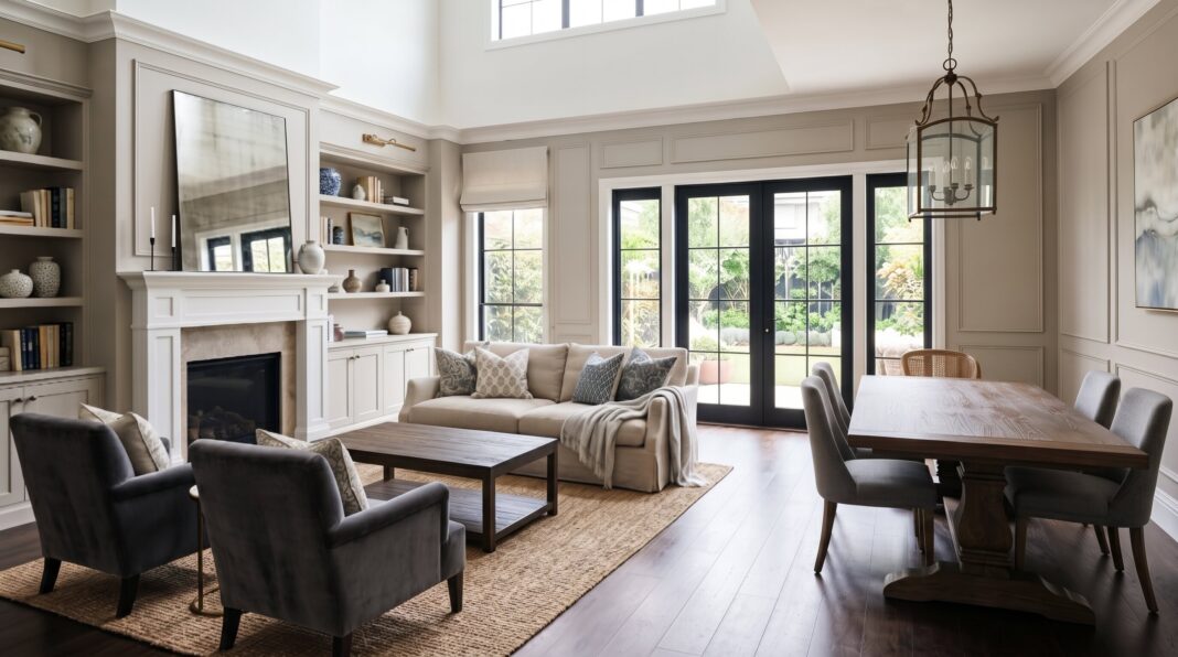 Transitional living room with neutral palette, classic molding, and contemporary furnishings.