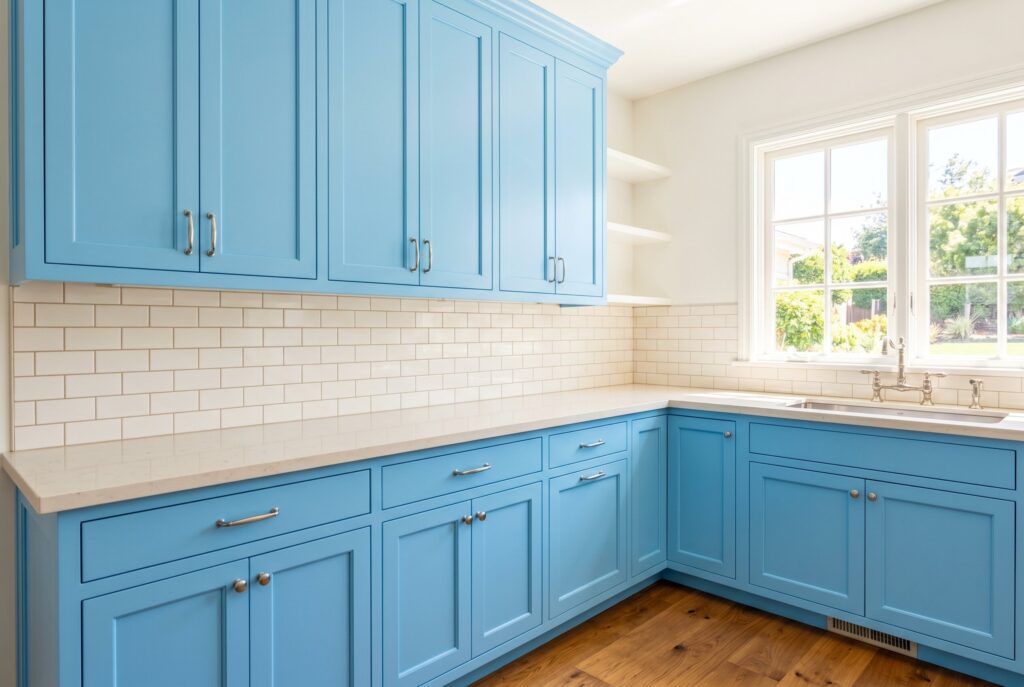 Sky Blue kitchen cabinets with white subway tile, bright natural light, and cheerful atmosphere.