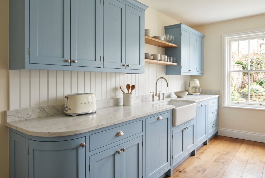 Powder Blue kitchen with shaker cabinets, marble look counters, and vintage inspired styling.