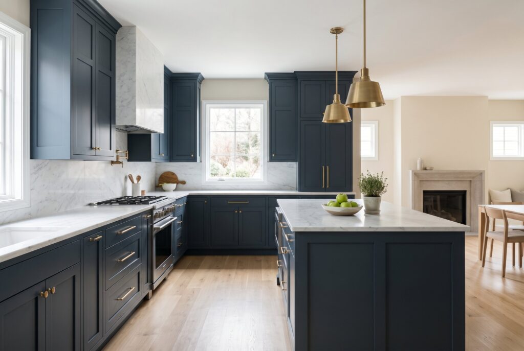 Charcoal Blue kitchen with gray blue cabinetry, brass pendants, and open concept layout.