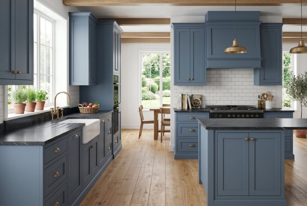 Slate Blue kitchen with matte cabinetry, warm wood beams, and brass pendant lighting.