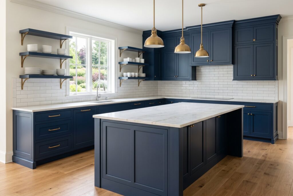 Hale Navy kitchen with dark navy cabinetry, marble island, brass pendants, and warm oak flooring.