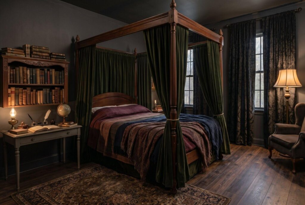 Dark academia canopy bed with matching ceiling color and warm ambient lighting. 