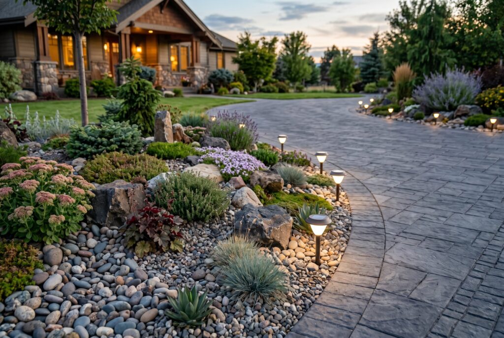 Driveway rock border with river stones, planting beds, and solar landscape lighting.