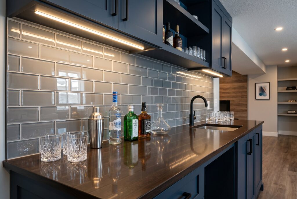 Glossy subway tile backsplash reflecting under cabinet lighting in basement wet bar.