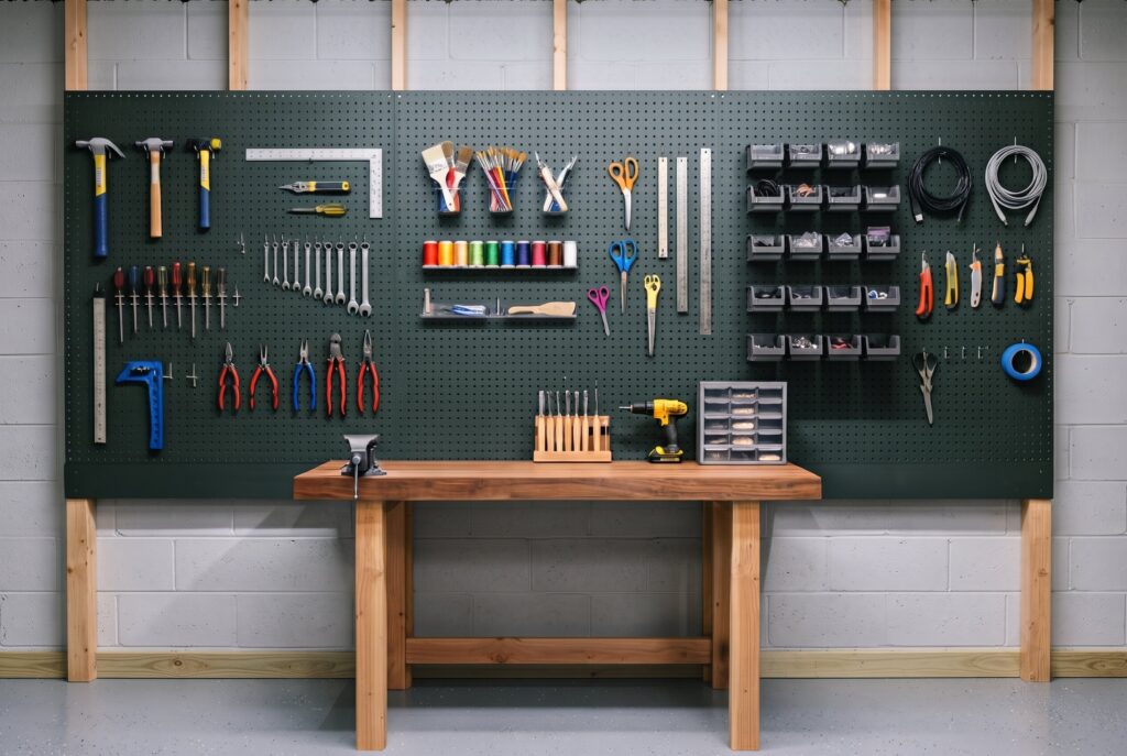 Pegboard tool wall with organized workshop storage and workbench station.