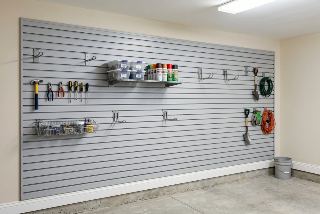 Slatwall storage system with hooks, shelves, and organized basement utility space. 