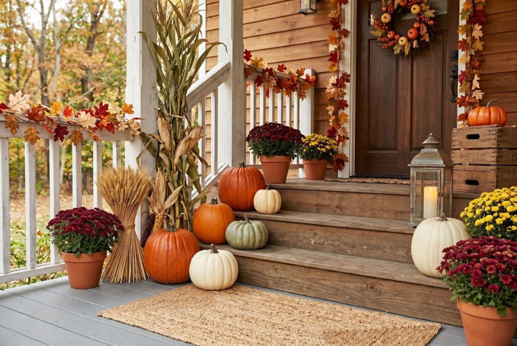 Faux pumpkins and mums arranged on porch steps with lantern and corn stalks.