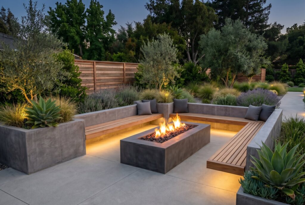 Poured concrete fire lounge with built in benches and contemporary landscape design.