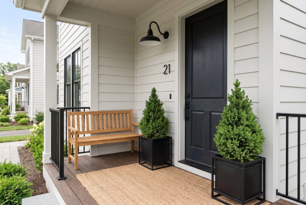 Neutral front porch base with wood bench, black hardware, and evergreen planters.