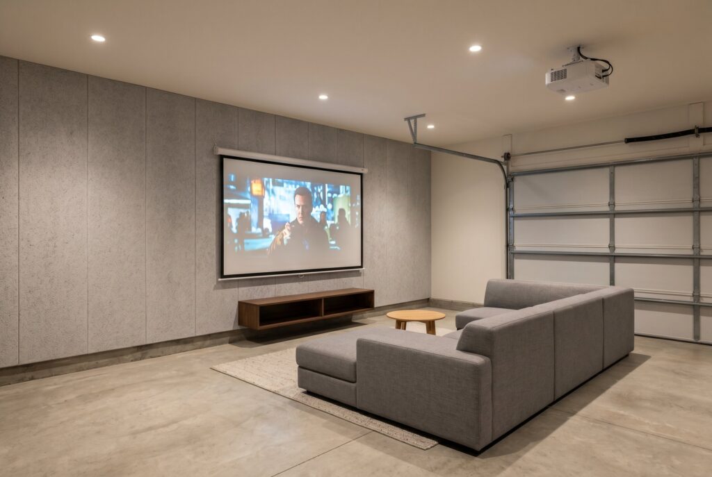 Minimalist garage theater with wall mounted screen, sectional seating, and soft neutral finishes. 