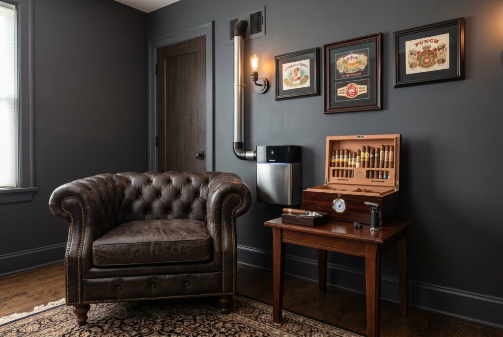 A spare bedroom cigar corner with dark charcoal walls, a tufted leather armchair, framed cigar art, and a small wooden table holding a humidor.