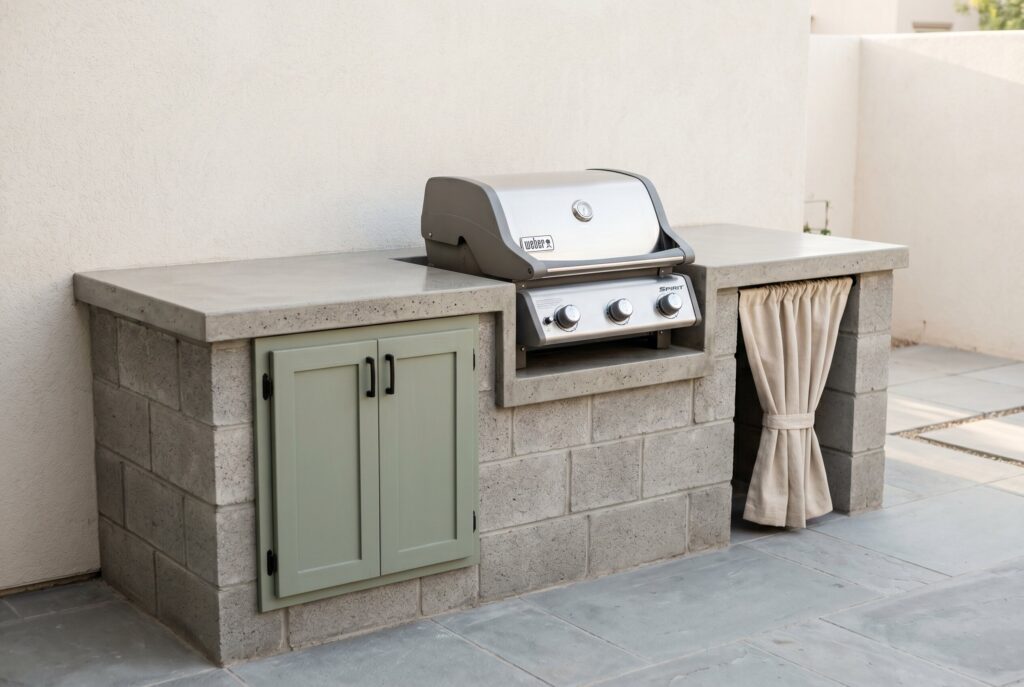 Extended cinder block grill station with concrete counters, storage curtain, and built in grill. 