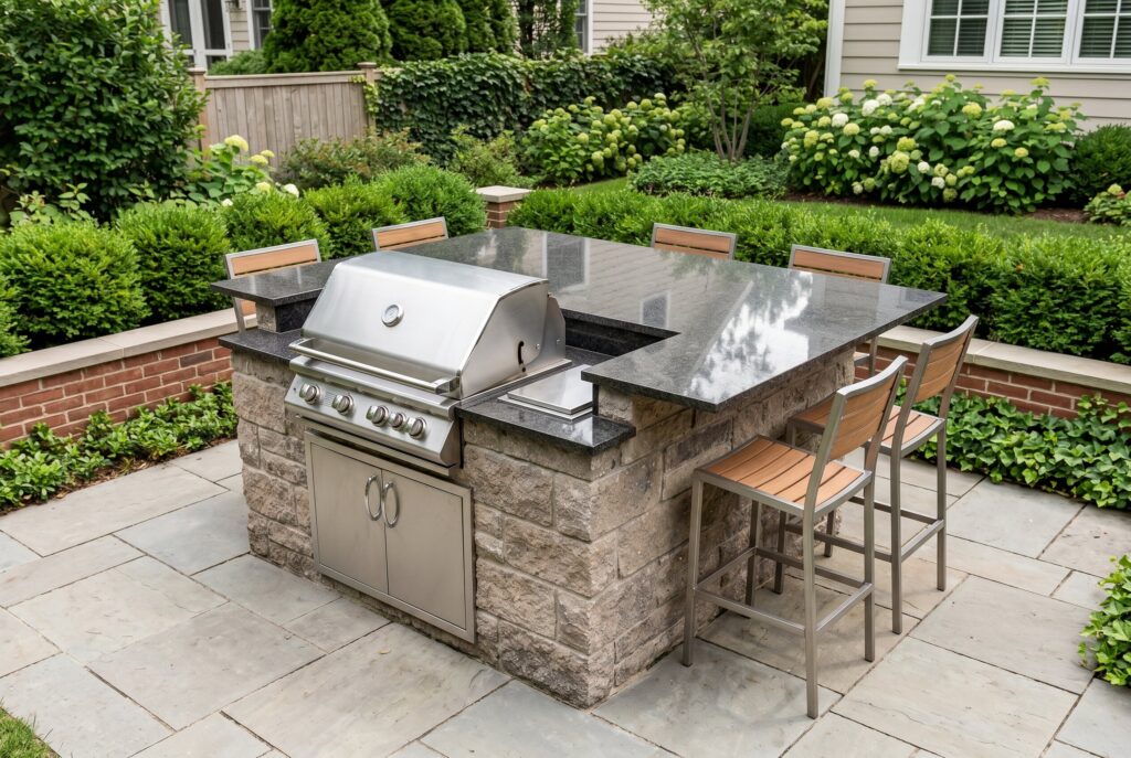 Outdoor kitchen island with built in grill, granite countertops, raised bar seating, and wraparound dining layout.